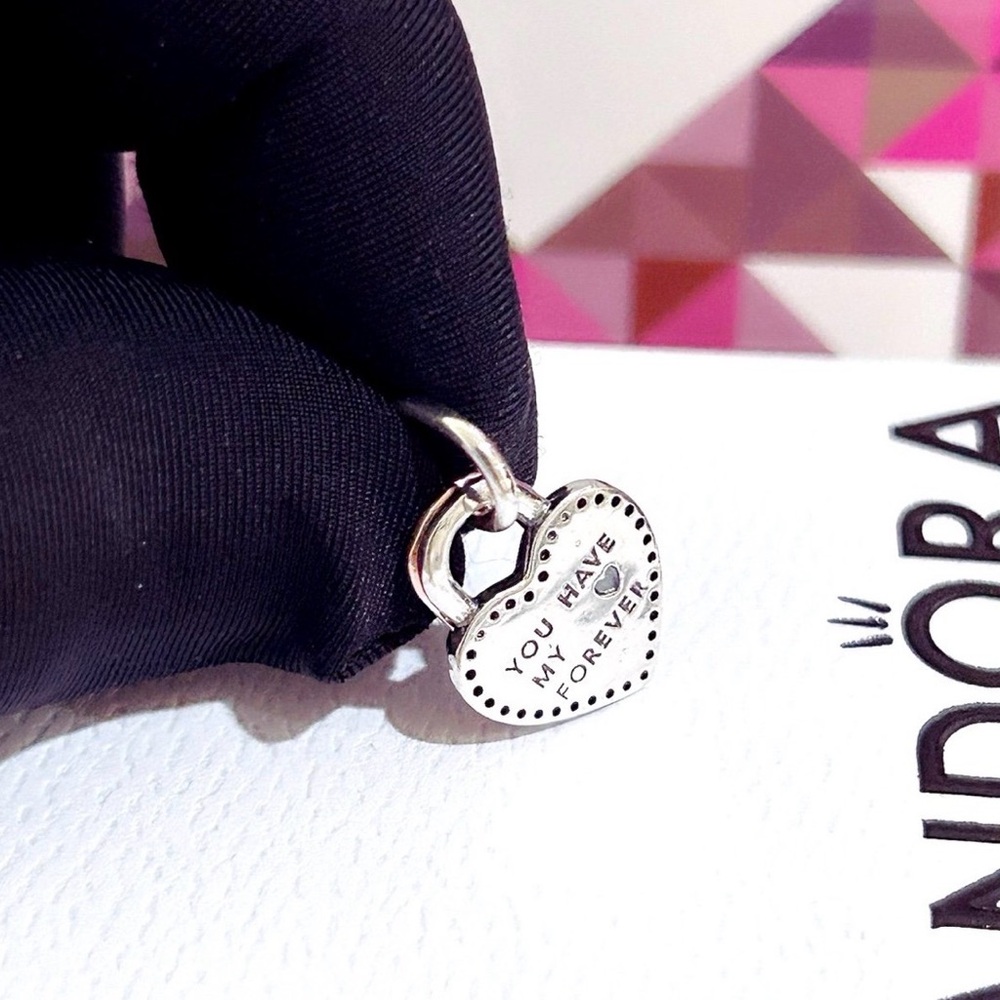 Pandora Silver Snake Chain Bracelet with Rose Gold & Silver Heart Padlock Charm - Picture 6 of 10